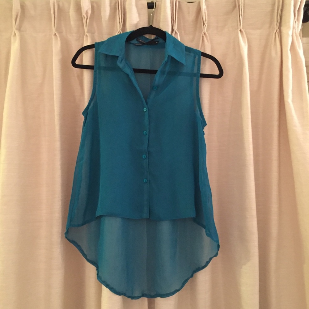 Teal Sheer High Low Buttoned Tank Top